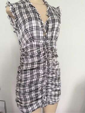Glamour Campaign 100% Silk Dress Black White Plaid  Sleeveless Shirred
